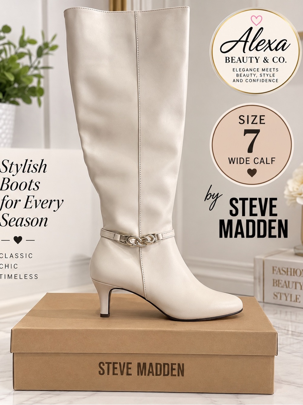 Steve Madden Ivory Knee-High Mid-Heel Boot with Decorative Strap